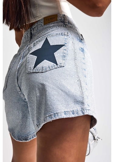Itsbasic Kadın Ice T1-4s6-3 Mom Fit Parlak Taşlı Yıldız Baskılı Özel Tasarım Denim Şort Ice Rengi