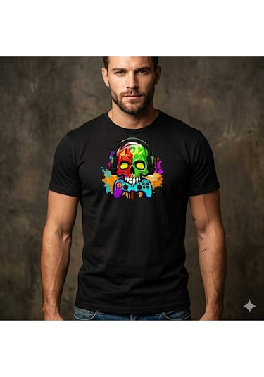 Erkek Kuru Kafa Oyun Konsolu Baskılı Pamuklu T-shirt Siyah