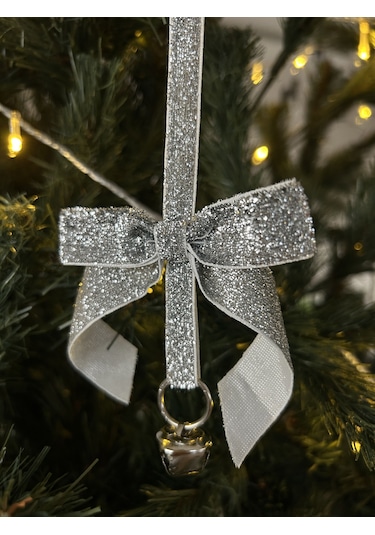 Yılbaşı Simli Gümüş Kadife Kurdeleli Zilli Zincir Lüks Noel Çam Ağacı Süsü 5 Adet-ykdf22