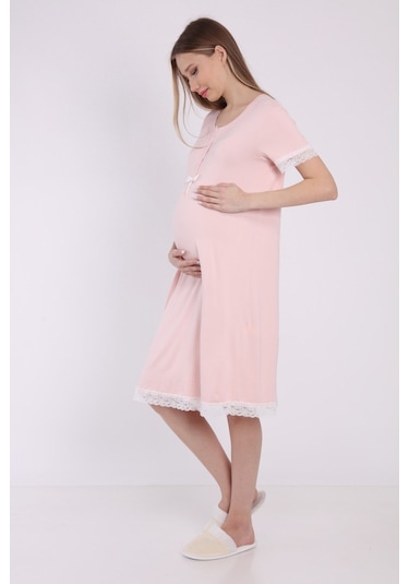 Luvmabelly Myra9592 Önden Çıt Çıtlı Dantelli Hamile Geceliği -pembe-pembe
