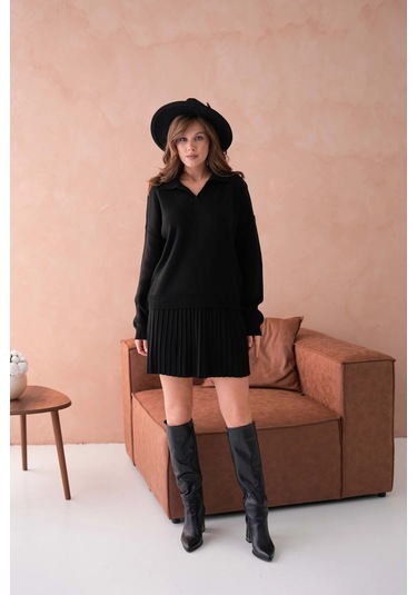 Kadın Polo Yaka Düşük Kol Kazak Kısa Etek İkili Triko Takım Siyah