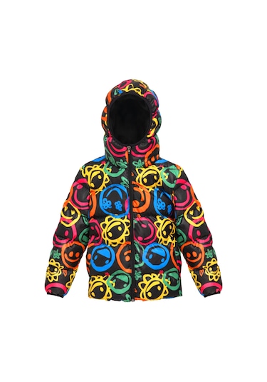 Kız Çocuk Gülen Emoji İçi Polarlı Kürklü Su Ve Rüzgar Geçirmez Kapüşonlu Cepli Kışlık Şişme Mont Çok Renkli