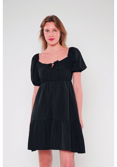 Gabria Omuz Büzgülü Elbise Sıyah Siyah