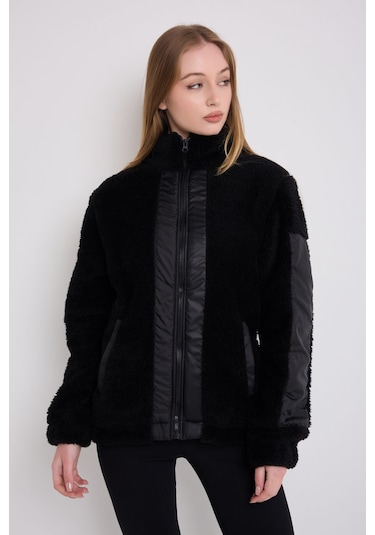 Kadın Siyah Rüzgar Geçirmez Welsoft Çift Cepli Kışlık Mont Siyah