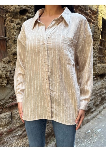 Taş Çizgili Oversize Düğmeli Gömlek Taş