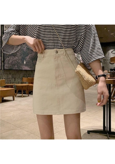 Kadın Etek Popüler Kot Etek Yüksek Bel Kore Kadınlar Için Diz Boyu Kısa Kot Etekler Kayısı