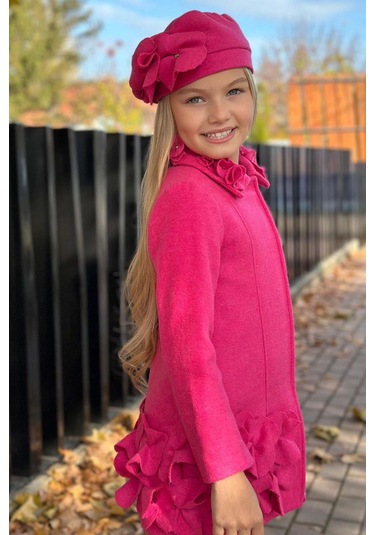 Riccotarz Kız Çocuk Yakası Taş Ve Yonca Detaylı Çıtçıt Düğmeli Fuşya Kaşe Fuşya