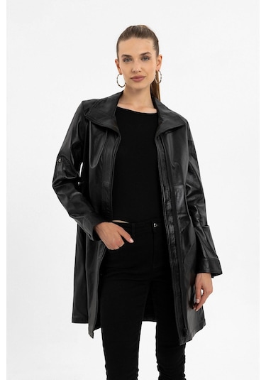 Siyah Hena Fermuarlı Geniş Kesim Uzun Kadın Hakiki Deri Kaban-siyah Siyah