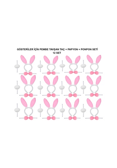Kenpazar Pembe Tavşan Kostüm Seti Taç, Papyon, Ponpon 12 Li Paket