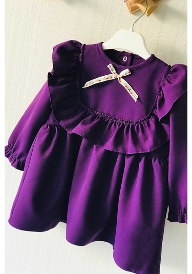 Fırfır Ve Kurdele Detaylı Mor Krep Kız Çocuk Bebek Elbise 001