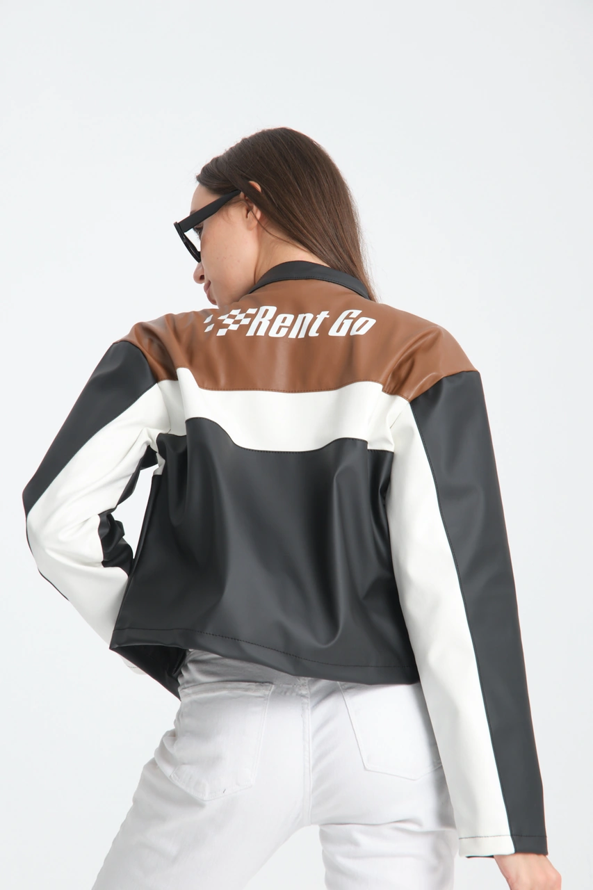 Kadın Oversize Baskılı Deri Şeritli Motorcu Montu Garnili Fermuarlı Yarışçı Ceketi Bomber Kolej Mont Kahve