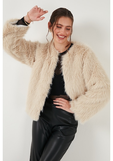 Lela Oversize Fit Yuvarlak Yaka Astarlı Kısa Bayan Kürk 6810266 Ekru