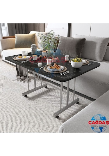Tekerlekli Masa Orta Sehpa 70x110 Cm Metal Ayak Siyah