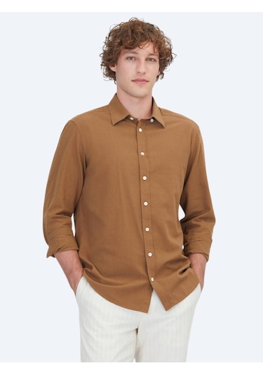 Kip Açık Kahve Regular Fit Dokuma Casual %100 Pamuk Gömlek Kahverengi