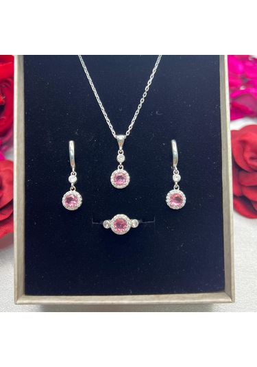 Pembe Yuvarlak Taşlı Kadın 3'lü Set 925 Ayar Gümüş Zirkon Taşlı Gümüş
