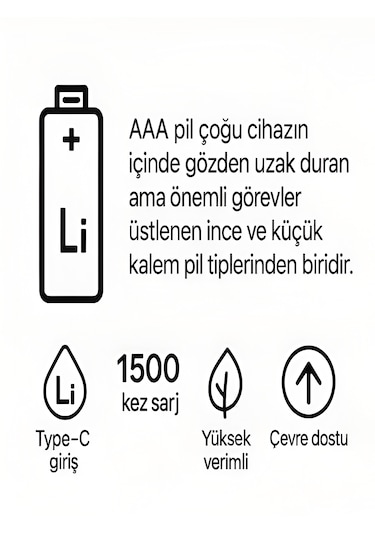 Type-c Şarjlı 800mwh 1.5v Şarj Edilebilir 2'li Aaa İnce Pil - Lityum İyon Batarya