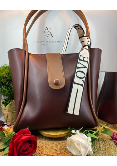 Kontrast Biye Detaylı Modern Dikey Tote Çanta Love Askılı Bordo