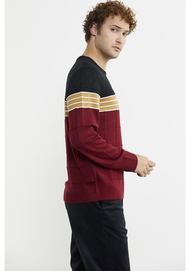 Blok Desen Sıfır Yaka Triko Kazak - Bordo 001