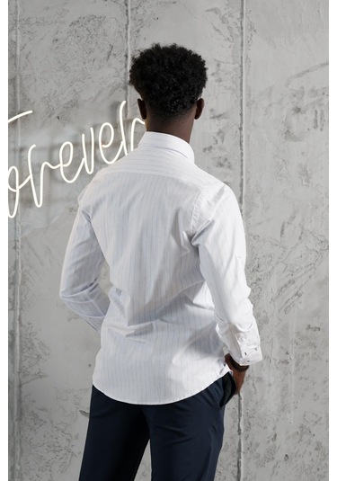 Advante Kalın Çizgili Katlamalı Kol Yaka Düğmeli Slimfit Pamuklu Yazlık Gömlek Mavi