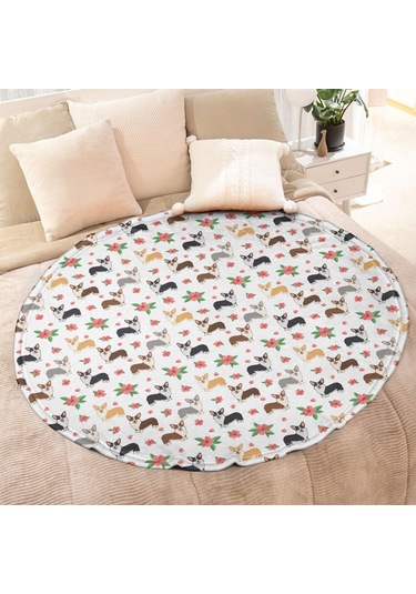 Corgi Desenli Yuvarlak Polar Battaniye, Yumuşak & Hafif, 47 İnç-a2 Corgi Floral White