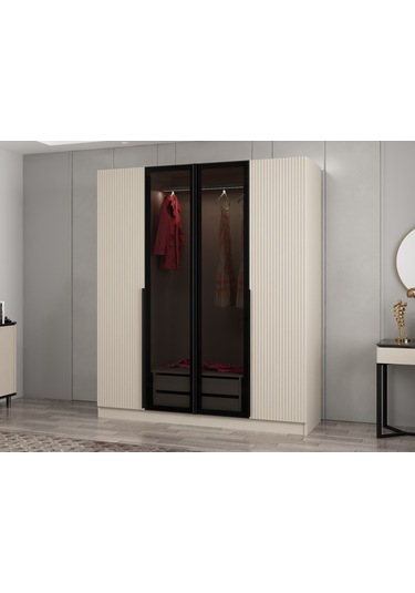 Kale Plus 4 Mebran Kapaklı 2 Çekmeceli Dolap Kumtaşı Mebran Füme Cam 210cm Kumtaşı