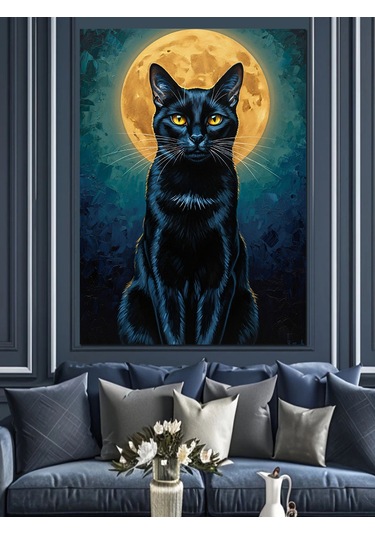 Kara Kedi Silüeti Gece Dekoratif Kanvas - Mdf Ahşap Tablo