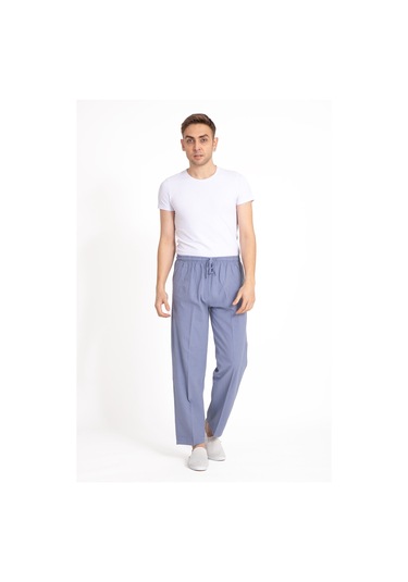 Erkek Ham Bez Lastikli Yüksek Bel Rahat Kalıp %100 Natural Pamuk Eşofman Alt Pantolon Alt Giyim 2188-İndigo