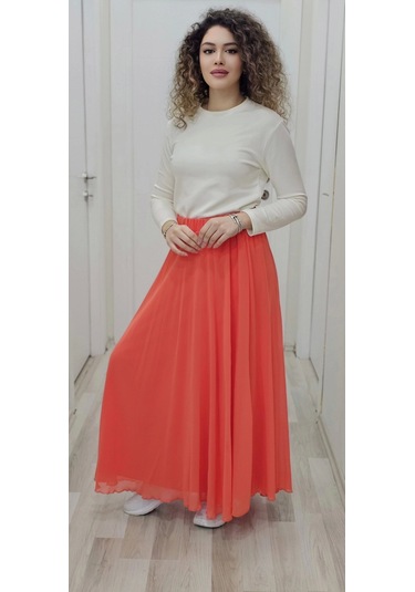 Bel Lastikli Kloş Şifon Etek 6003-turuncu Turuncu
