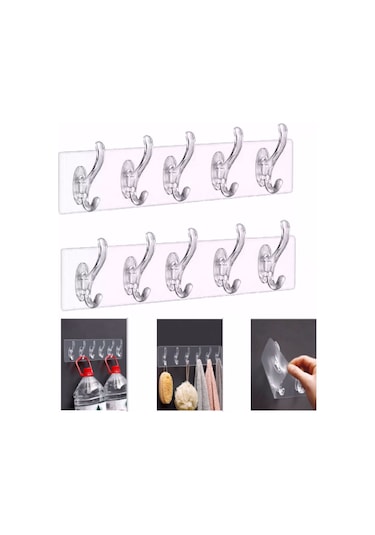 2 Adet 5 Li Yapışkanlı Şeffaf Duvar Askısı Mutfak Düzenleyici Şeffaf