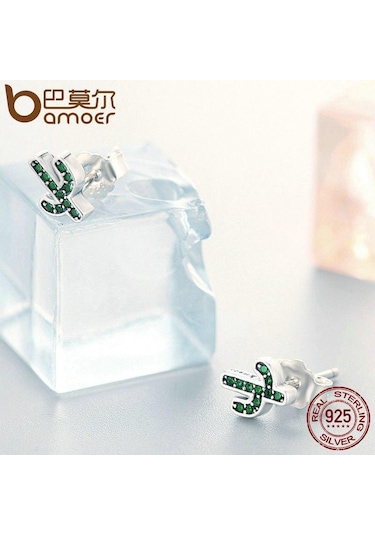 Bamoer 925 Ayar Gümüş Göz Kamaştırıcı Yeşil Kaktüs Kristal Saplama Küpe Kadınlar İçin