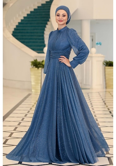 Raika Moda Şık Tasarım Tül Kübra Abiye İndigo