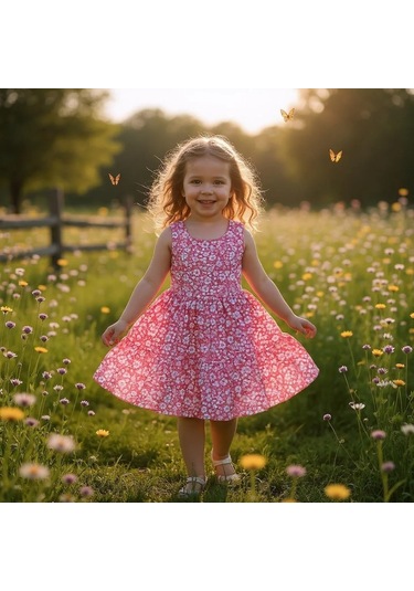 Çiçekli Kız Çocuk Elbise St09118 Pembe