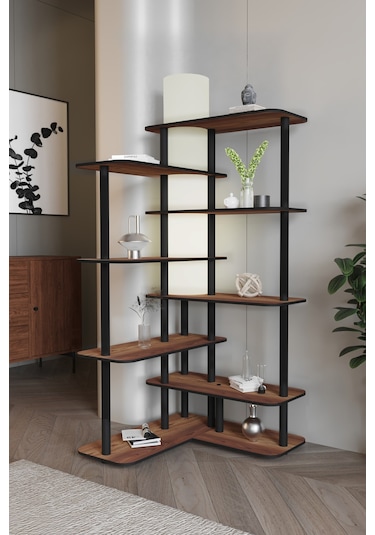 Cross Raflı Lambader Kitaplık Ceviz Siyah