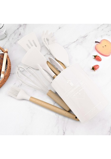 Novahub Beyaz Silikon Yapışmaz Mutfak Aletleri Seti, Tencere Spatula Kürek Yumurta Çırpıcı Ahşap Saplı Gıda Sınıfı Set Beyaz