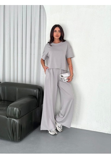 Osy Modal Yumuşak Dokulu Kumaş Bisiklet Yaka T-shirt Bol Paça Pantalon Ikili Takım - Boyalı Gri Gri