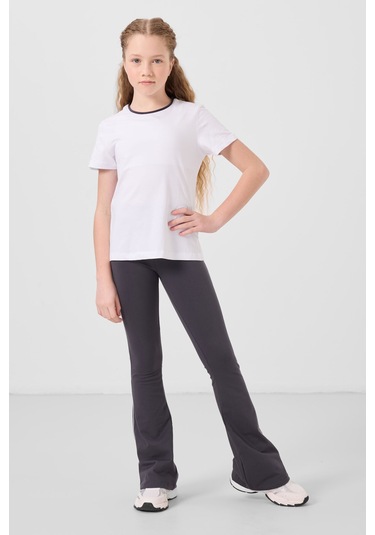 Beyaz-antrasit Pamuklu O Yaka Standart Fit Basic İspanyol Paça Kız Çocuk Tayt Takım - 75192 Beyaz