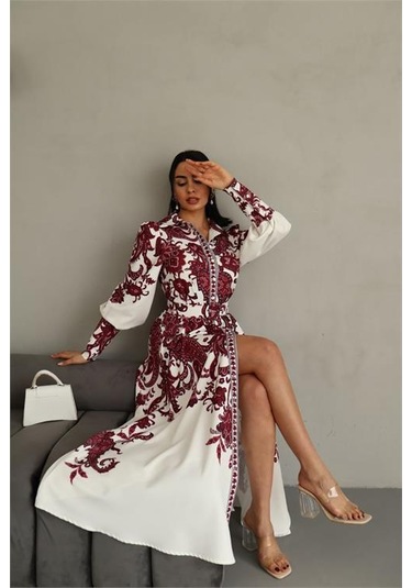Dipmoda Kadın Kemerli Uzun Desenli Gömlek Elbise Dpms4220 Bordo