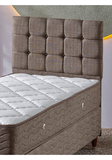 Beehanem Bengü Tek Kişilik 3lü Set Yatak+baza+başlık Keten Kahve 90 X 190