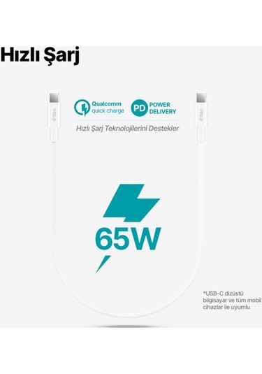 Usb-c - Usb-c 30cm 65w Pd/qc Hızlı Şarj/data Kablosu Beyaz Beyaz Renkli
