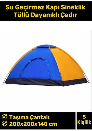 Premium Su Geçirmez Kapı Sineklik Tüllü Dayanıklı Kumaş Pratik Kolay Kurulum 4-5 Kişilik Kamp Çadırı Mavi - Turuncu