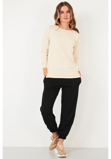 Lela Pamuklu Regular Fit Bisiklet Yaka Basic Bayan Sweat 5863569 Taş