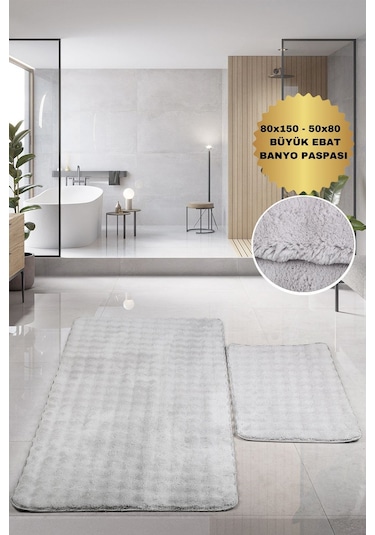 Bubble Gri Büyük Ebat 2'li Banyo Paspas Seti Kaymaz Tabanlı Yıkanablir Klozet Takımı Gri