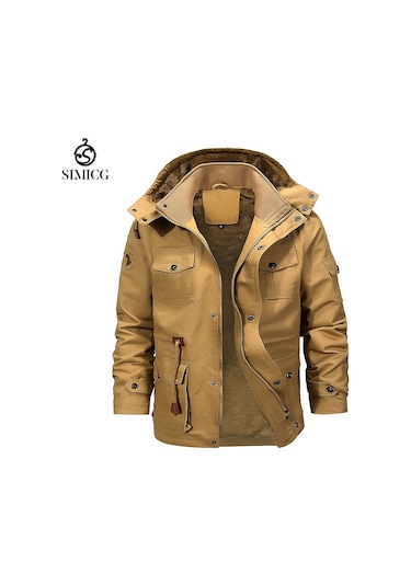 Orta Uzunlukta Pamuklu Dolgulu Ceket, Kalınlaştırılmış Pamuklu Dolgulu Ceket, Kürk Yaka, Sıcak Erkek Kışlık Polar Astarlı Ceket Haki