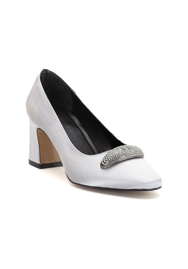 Kadın Siletto Topuklu Ayakkabı Gümüş Saten Taşlı Kalın Topuklu-4168 GUMUS