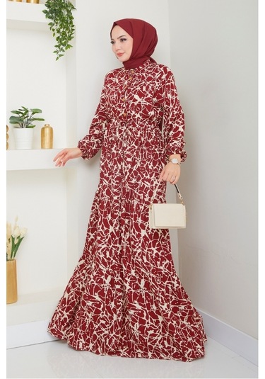 Sevil Yarım Düğmeli Dokuma Viskon Elbise 1504 - Bordo Bordo