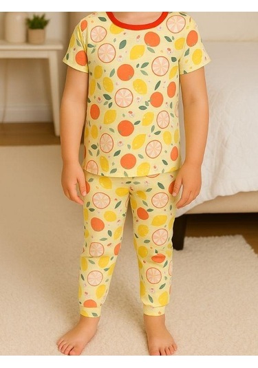 Kız Çocuk Pamuklu Meyve Desenli Kısa Kol Pijama Takımı-16027 Sarı