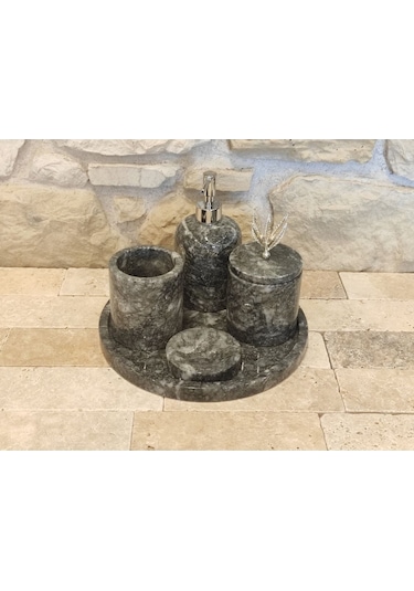 Uludağ Siyahı Mermer 5'li Banyo Seti Köşe Tepsili Beyaz