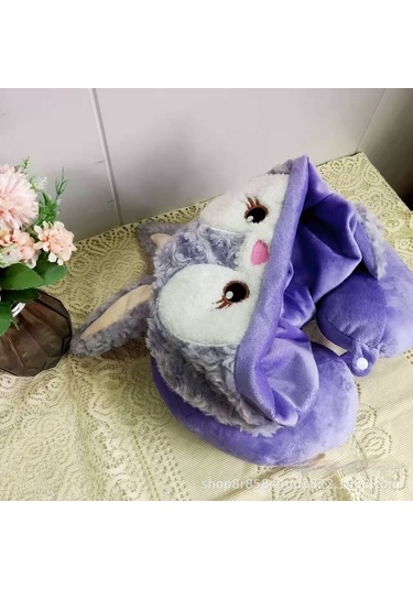 Sevimli Peluş Kapüşonlu U Şeklinde Yastık-mor Tavşan