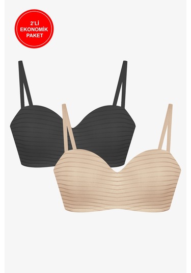 2'li Paket - Kadın Dolgusuz Transparan Çizgili Toparlayıcı Straplez Sütyen Siyah - Ten