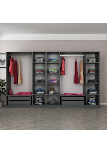 Minar Kale 7 Kapaklı 5 Aynalı 4 Çekmeceli Dolap Antrasit Dore 210cm